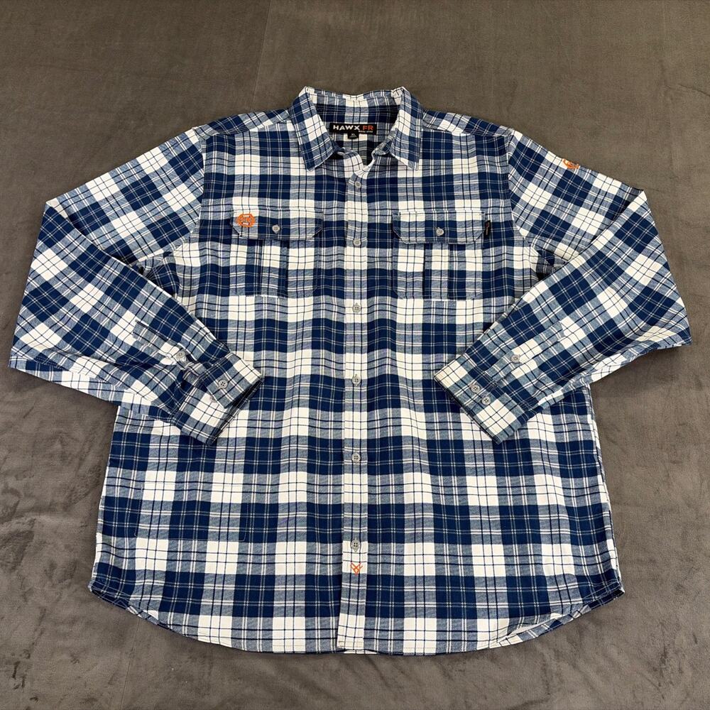 HAWX FR Work Gear Button Up Flannel Shirt Plaid Mens X-Large Charity Blue White
